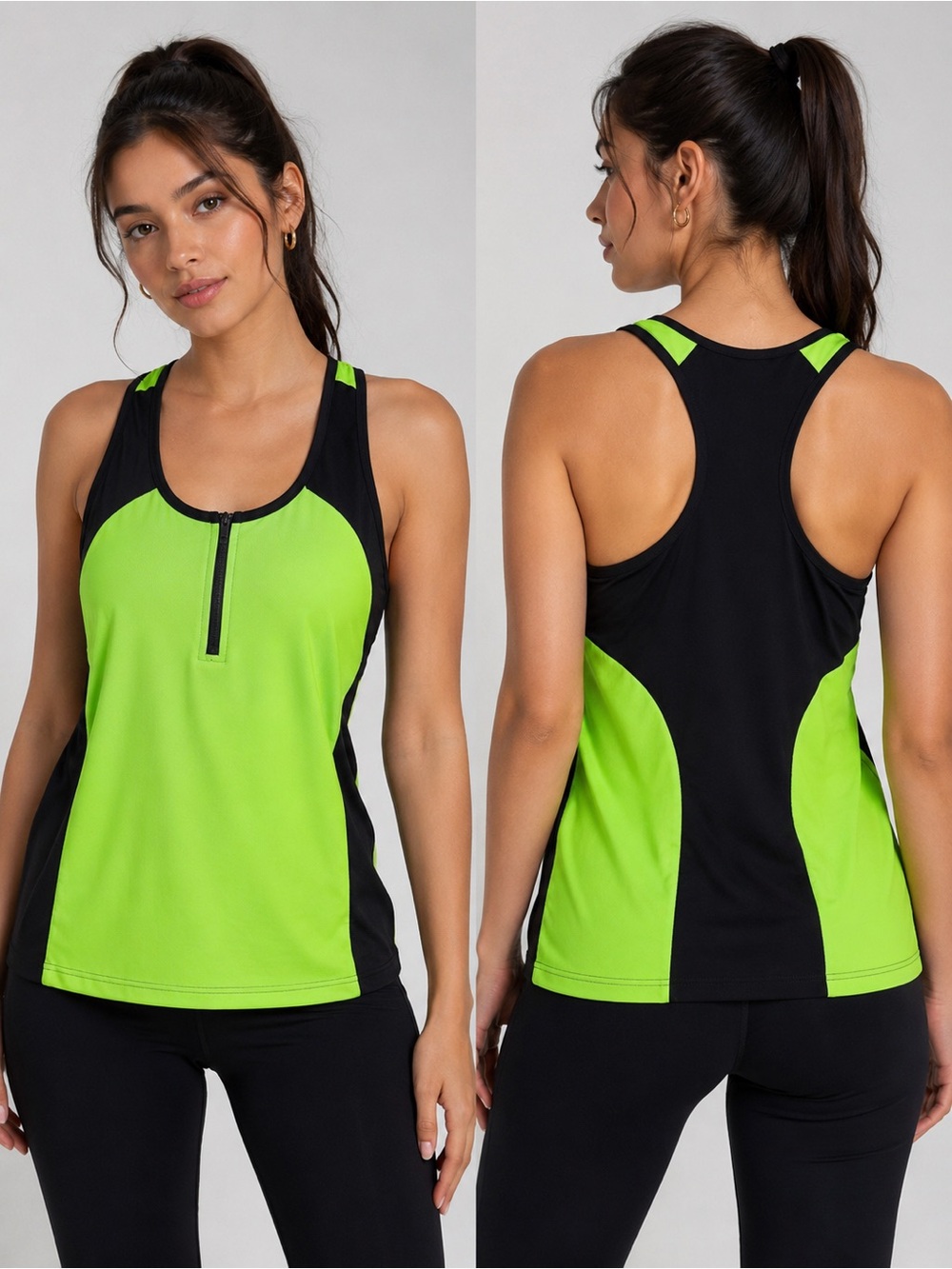 Neon Lime and Black Racerback Zip-Front Tank